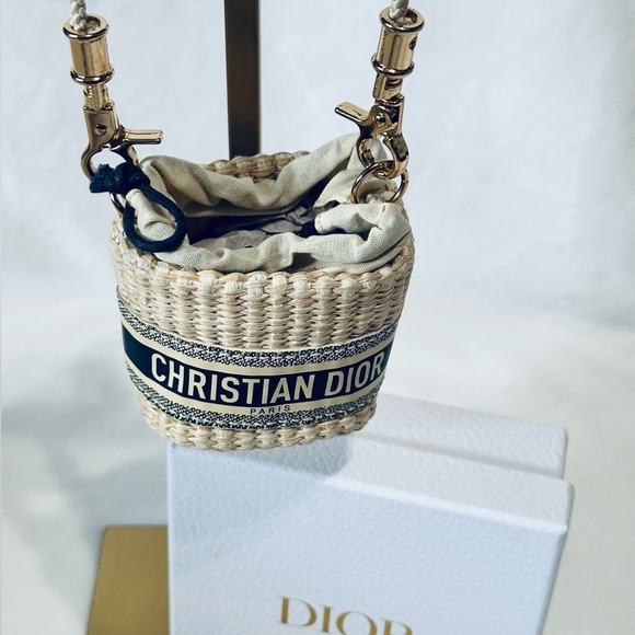 Dior Handbags - Dior GWP Mini Straw/Woven Drawstring Pouch in Beige and Dark Blue